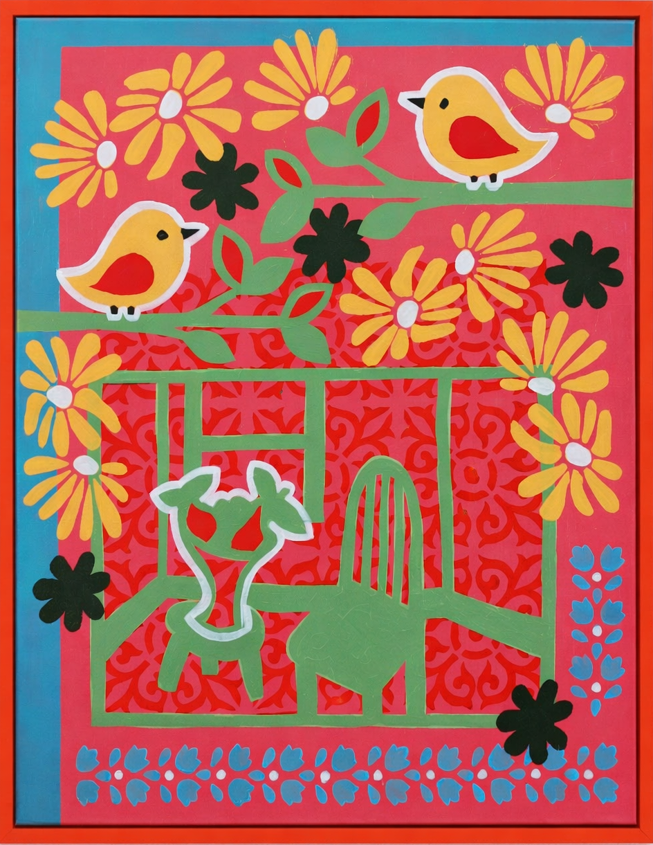 Colorful art featuring yellow birds, a chair, and various flowers against a vibrant red background with a blue border.