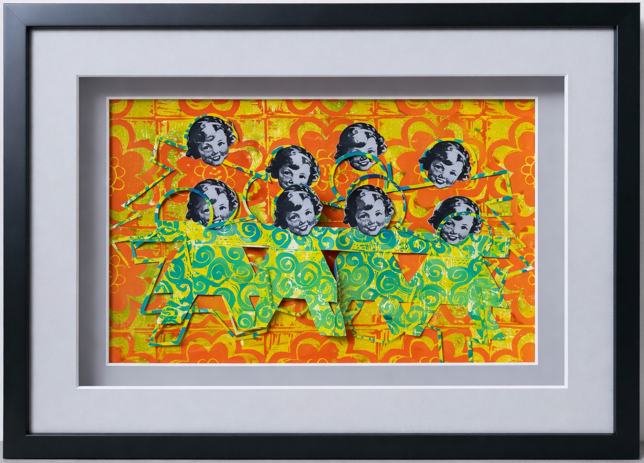 A colorful artwork featuring black and white vintage style photographs of children's faces, layered over a vibrant background with orange, yellow, and green swirls and floral patterns, framed with a black border.