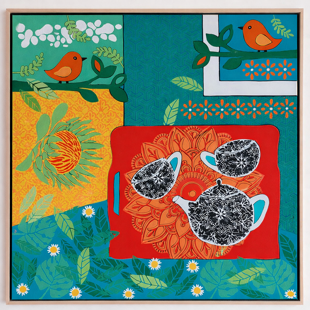 Colorful painting featuring two black and white teapots on a red and orange patterned background, surrounded by green foliage and small daisies, with birds perched on branches in the top corners.