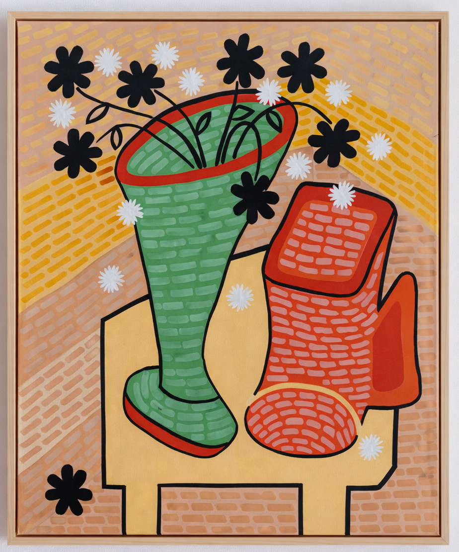 Colorful painting of a green vase with black and white flowers on a yellow table, with a red jug beside it, against an orange and yellow background.