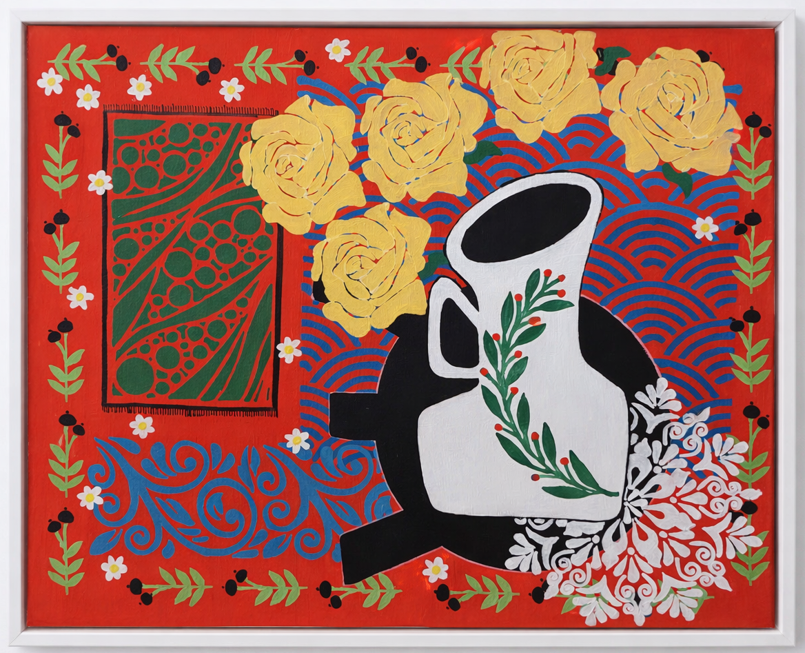 Colorful painting of a white vase with green leaves and red berries, surrounded by yellow roses, with a background of red, blue, and green patterns and floral borders.