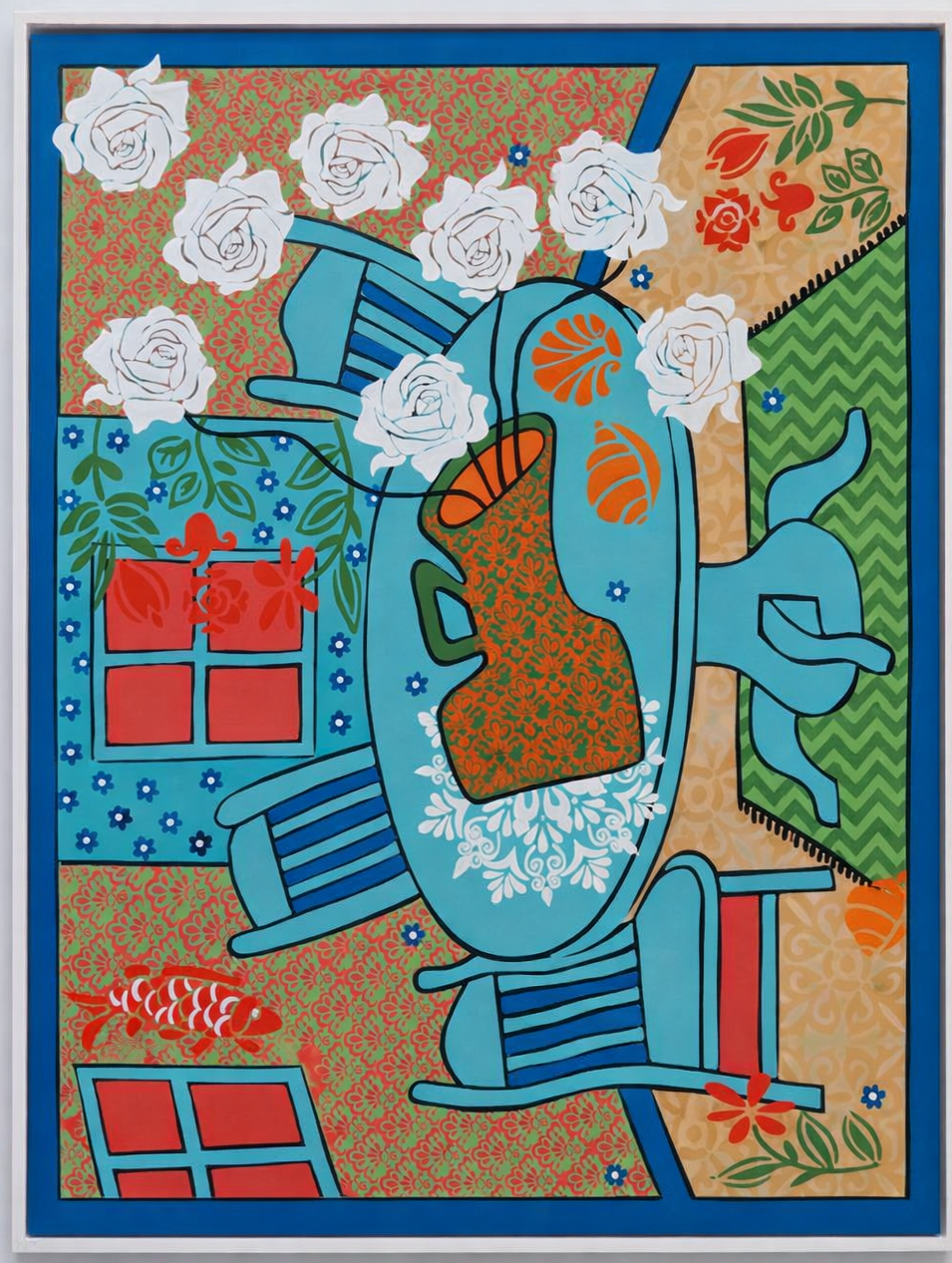 Colorful abstract painting featuring a blue dining table with an orange vase of white roses, a fish, and various patterned backgrounds in red, green, yellow, and blue.