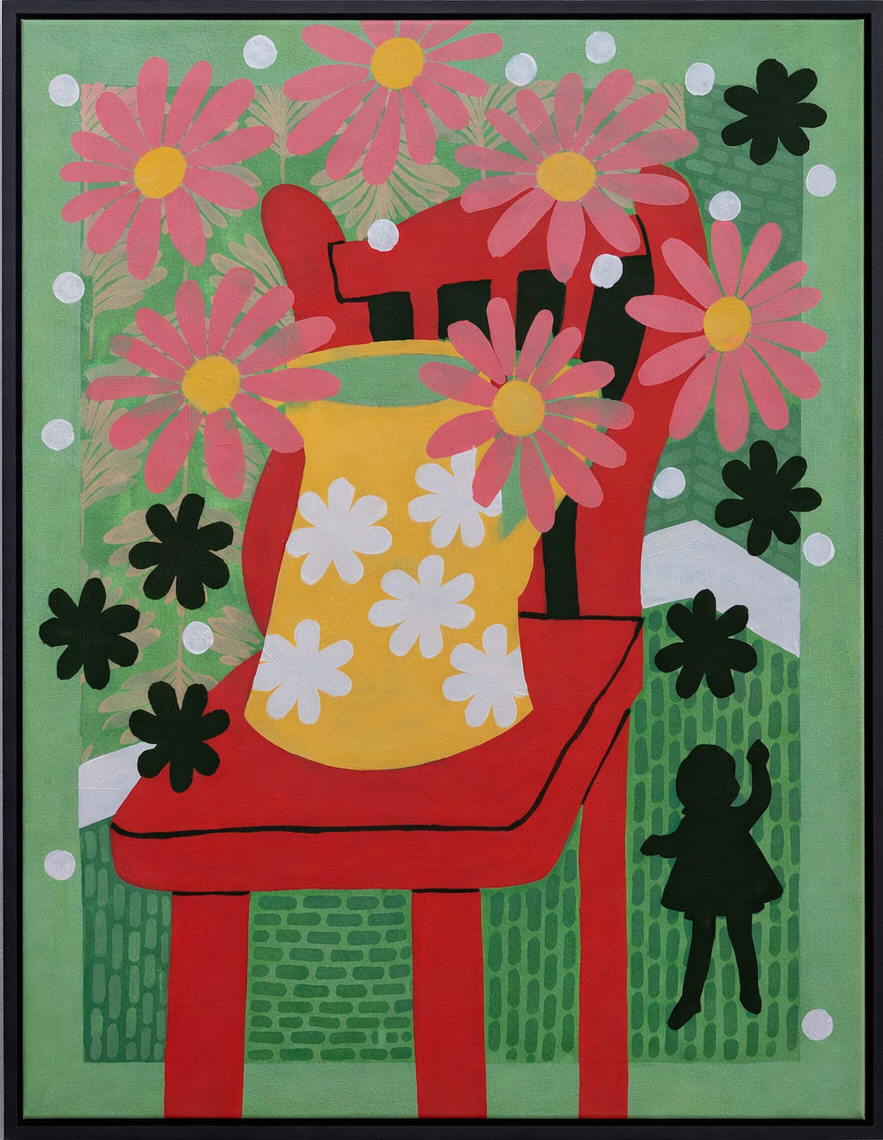 Colorful artwork featuring a red chair with a yellow vase filled with large pink flowers with yellow centers and white flowers, black flowers, and a silhouette of a girl reaching upward, set against a green background with abstract patterns and white