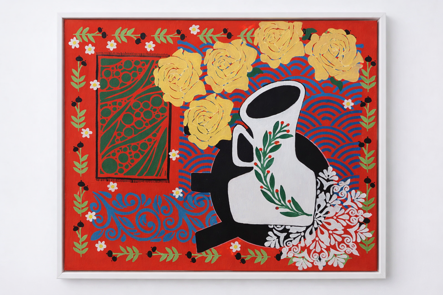 A colorful abstract painting featuring a black and white vase with yellow roses and decorative patterns on a red background.
