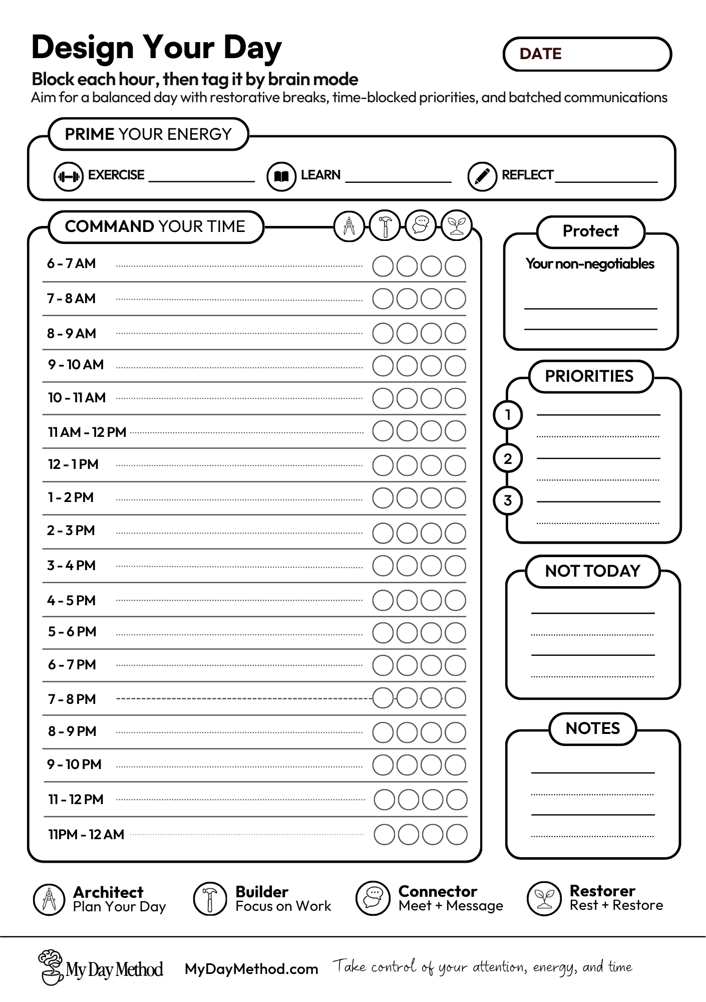 A daily planner template titled 'Design Your Day' with sections for scheduling, energy management, and priorities, including icons for different activities and a space for notes.