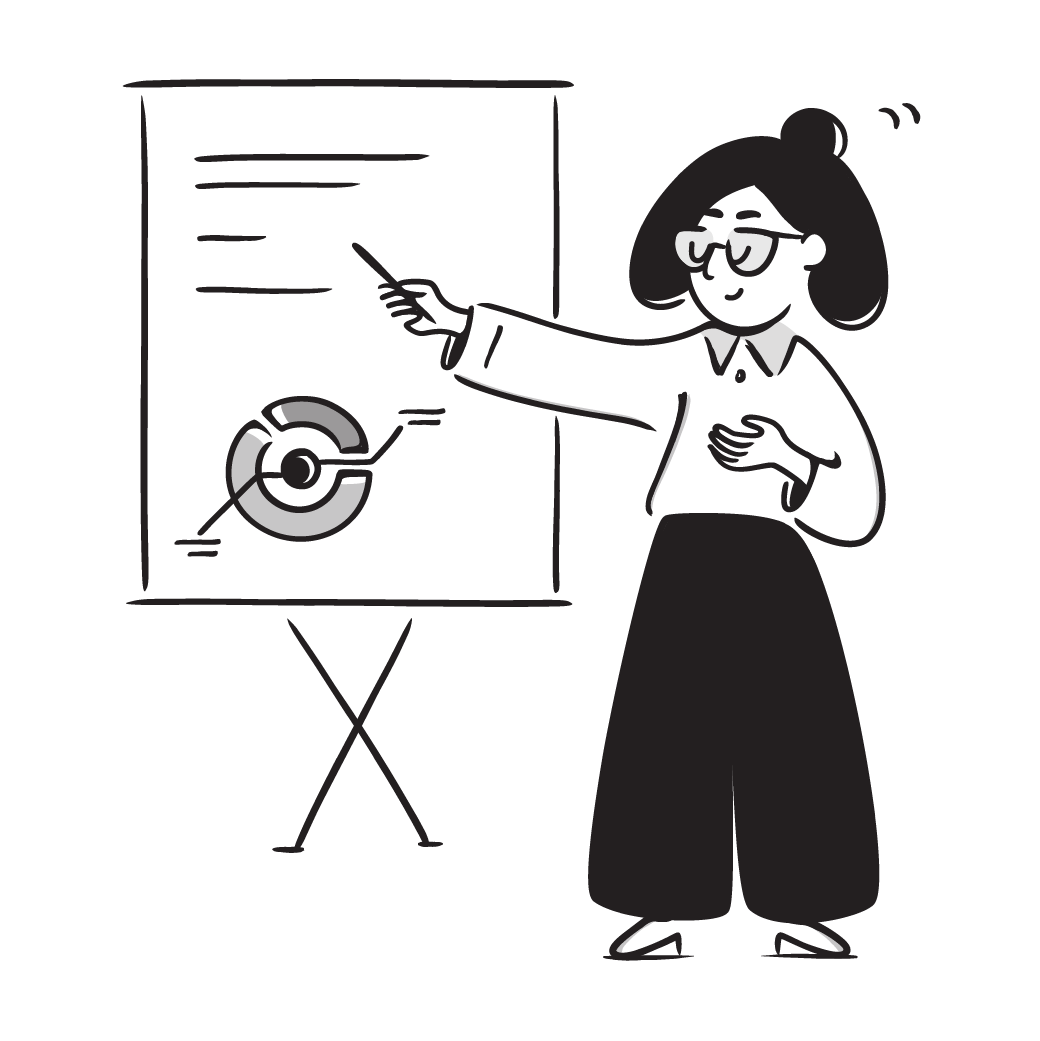 A woman with shoulder-length hair wearing sunglasses, a collared shirt, and wide pants pointing at a presentation board with charts, using a pointer, smiling.
