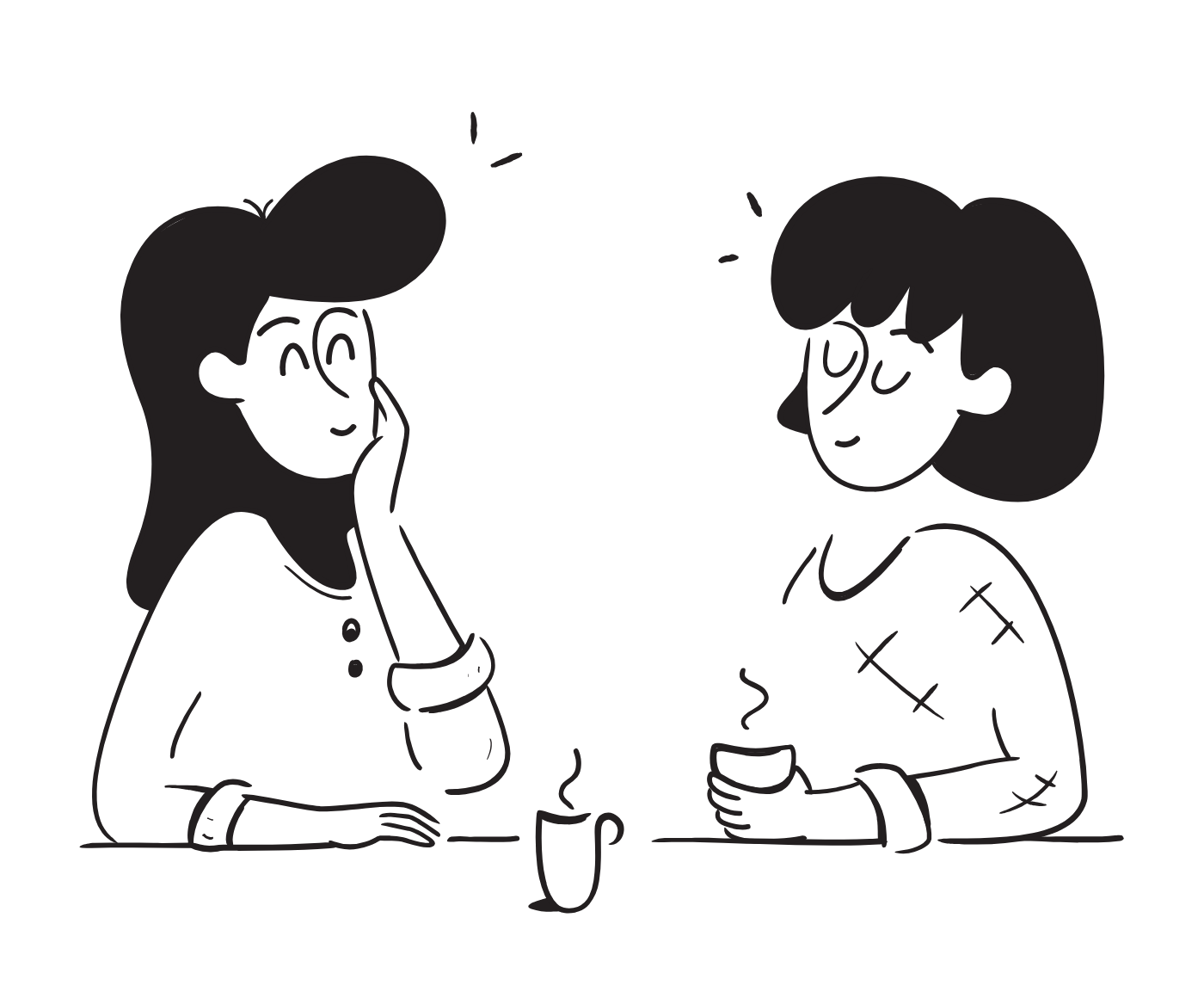 Two women sitting at a table, engaged in conversation, with a steaming cup on the table between them.