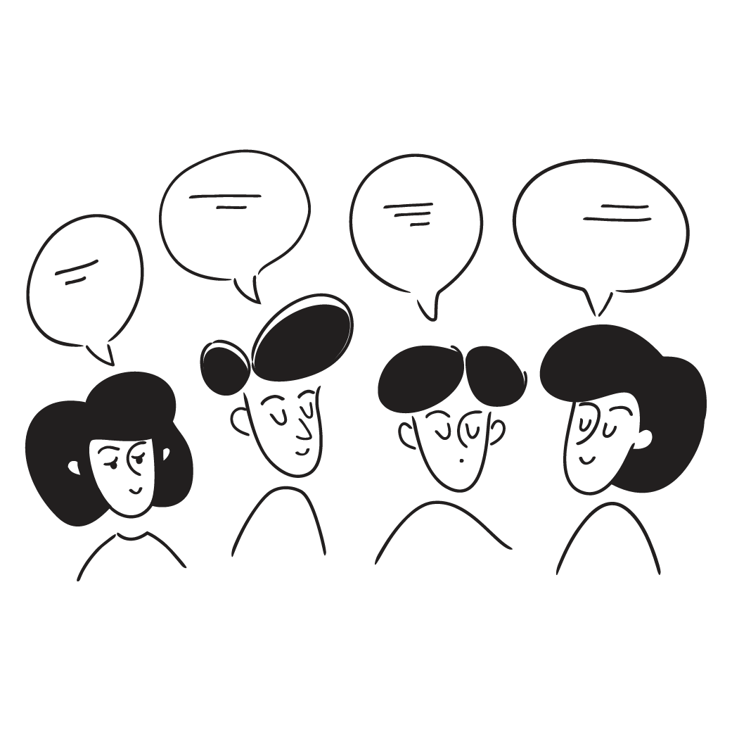 A line drawing of four people having a conversation, each with a speech bubble above their head.