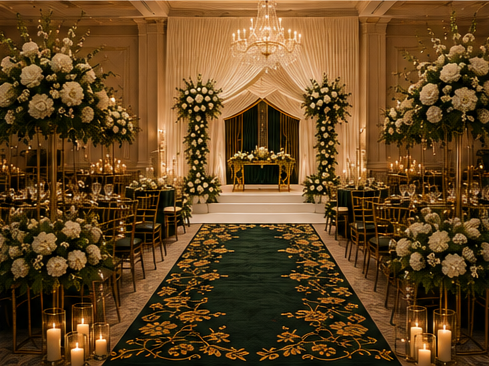 Elegant wedding ceremony setup with floral arrangements, candles, and a decorated aisle leading to an altar.