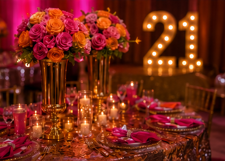Elegant party table decorated with pink and orange roses, gold vases, lit candles, pink napkins, and a lit '21' number sign.
