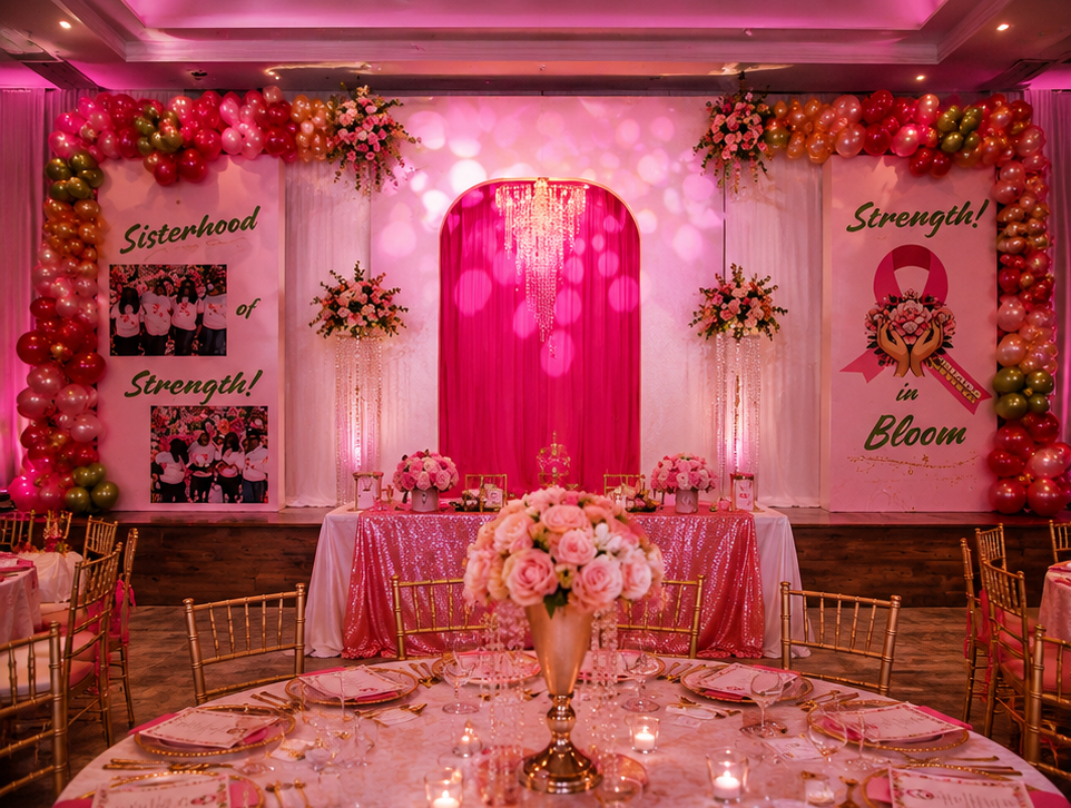Decorated event hall for a breast cancer awareness celebration. The backdrop features pink and gold balloon arches, floral arrangements, pink lighting, and banners with the slogans ‘Sisterhood of Strength!’ and ‘Strength! in Bloom,’ along with images of women and a pink ribbon symbol.