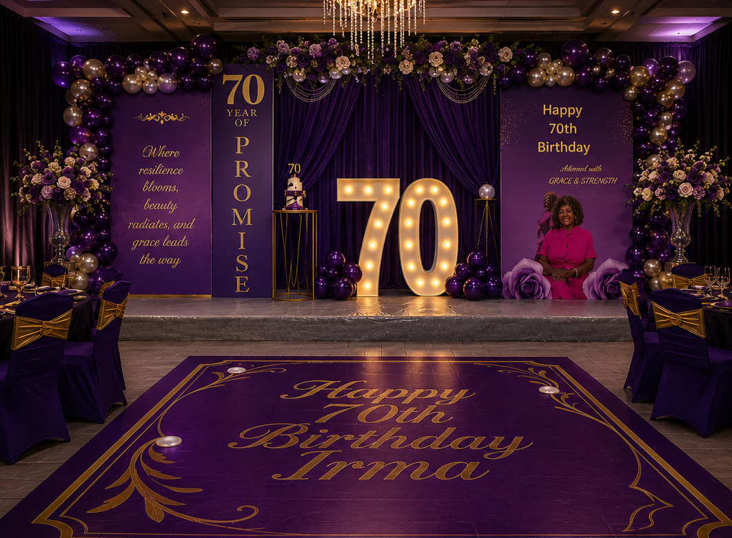 A birthday celebration setup for a 70th birthday with purple and gold decorations. There is a large illuminated '70' on stage, purple drapes, balloons, floral arrangements, and a portrait of a woman in pink. The floor has 'Happy 70th Birthday Irma' written in gold, and banners with messages celebrating resilience, grace, and strength.