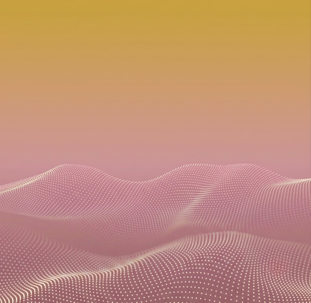 Abstract digital landscape with pink and cream dots forming waves against a gradient yellow to pink sky.