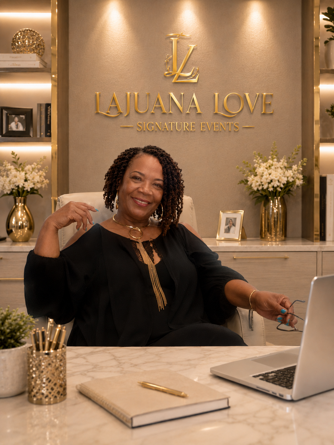 A woman smiling at a desk in an elegant office with a sign behind her reading 'Lajuna Love Signature Events,' surrounded by flowers, books, and a laptop.