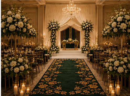 Elegant wedding reception setup with a decorated aisle, large floral arrangements, candles, and a draped backdrop with chandelier overhead.