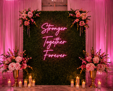 Pink neon sign with the words 'Stronger Together Forever' on a green hedge wall, decorated with pink and white flower arrangements and candles.