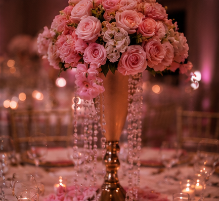 Elegant floral centerpiece with pink roses and white flowers in a gold vase, adorned with hanging crystals, on a table with candles.