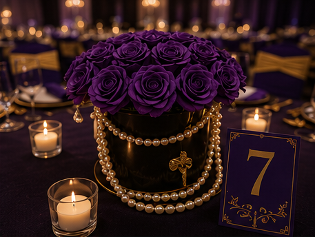 A black vase filled with purple roses, surrounded by pearl necklaces, with candles and table number seven on a decorated table.