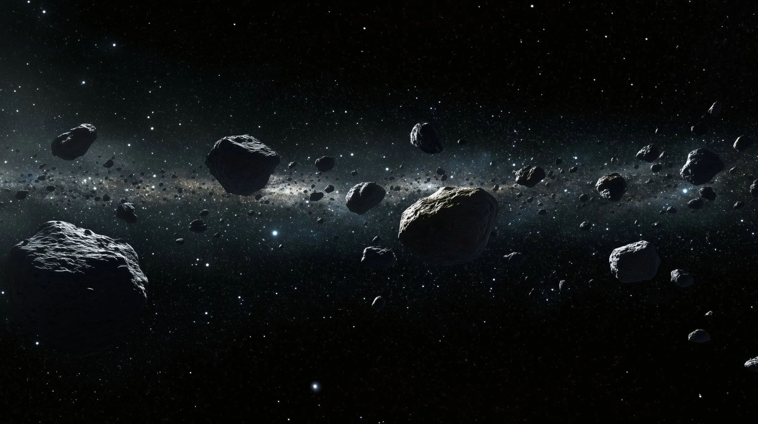 宇宙空間に浮かぶ大小さまざまな小惑星の群れと星空