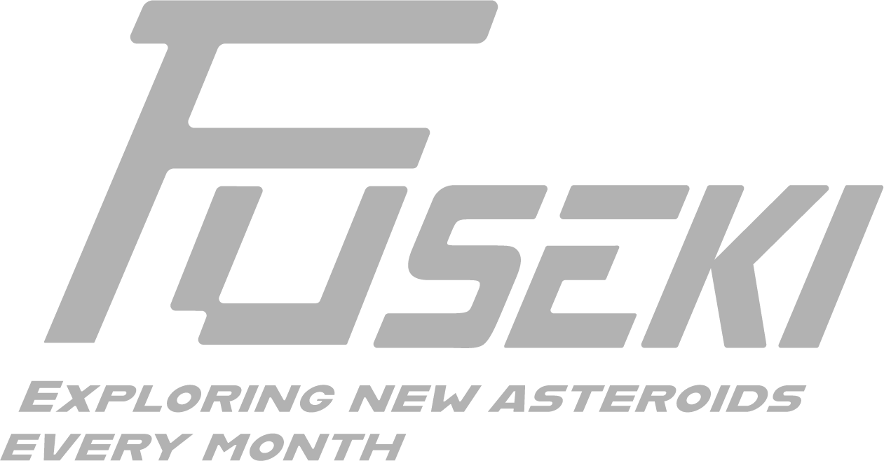 ロゴデザインの画像。大きな文字で「FUSEKI」と書かれ、下に「EXPLORING NEW ASTEROIDS EVERY MONTH」と記載されている。背景は透明または灰色。