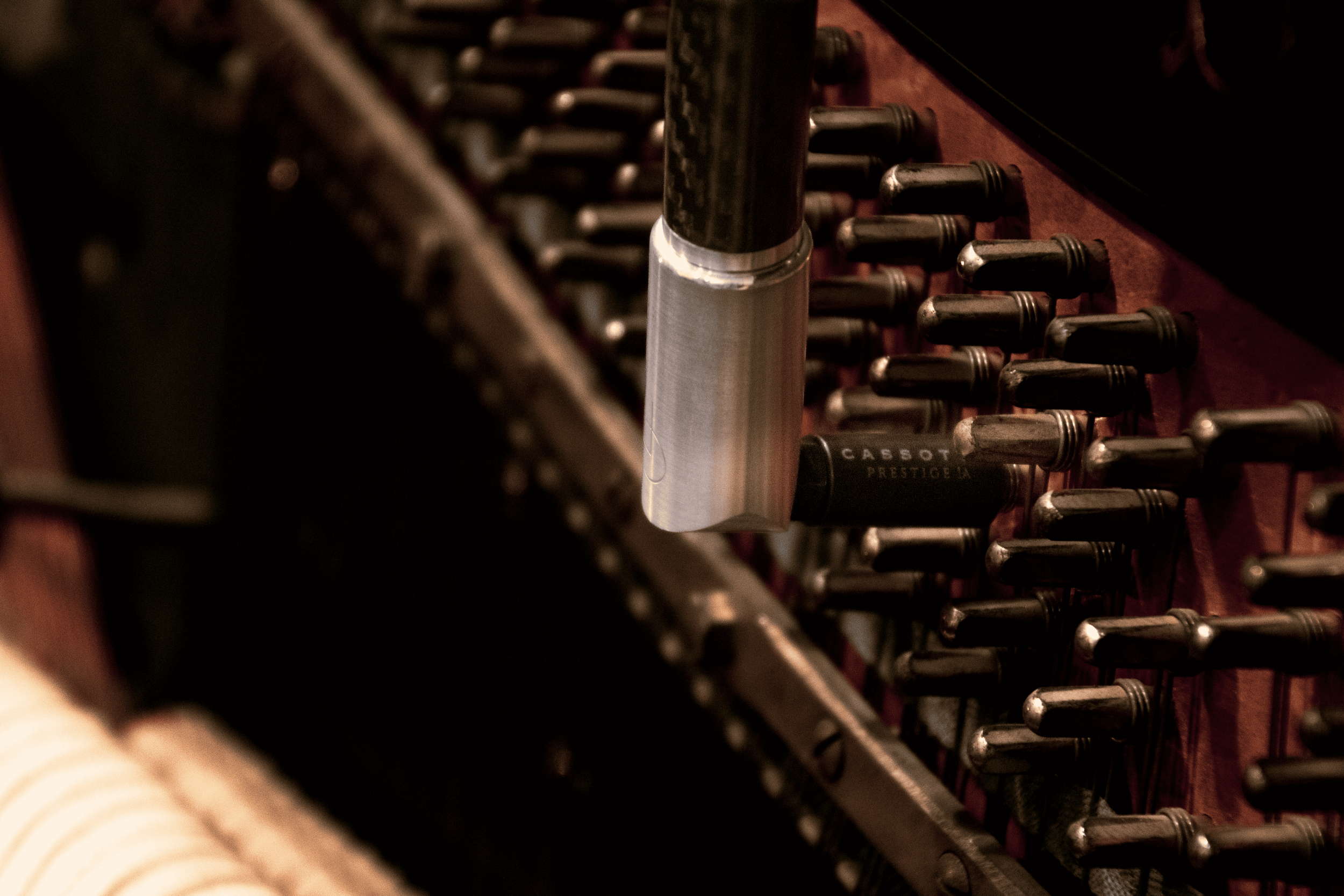 Charles Fauly piano tuning lever with a Cassoto Prestige 2A tip on a Schumann grand cabinet upright piano