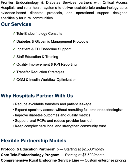 A digital document explaining services offered by Frontier Endocrinology & Diabetes Services, highlighting tele-endocrinology, diabetes management, inpatient support, staff training, quality improvement, transfer strategies, and workflow optimization. It also discusses partnership benefits for hospitals, including reducing patient transfers, expanding access, improving outcomes, supporting rural clinics, and maintaining community trust. Additionally, it details partnership models with pricing information.
