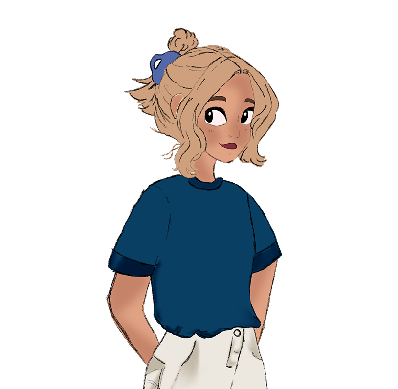 Ilustración de Beth, con coleta atada con lazo azul, camiseta azul y pantalones claros, mirando de lado con manos en los bolsillos.