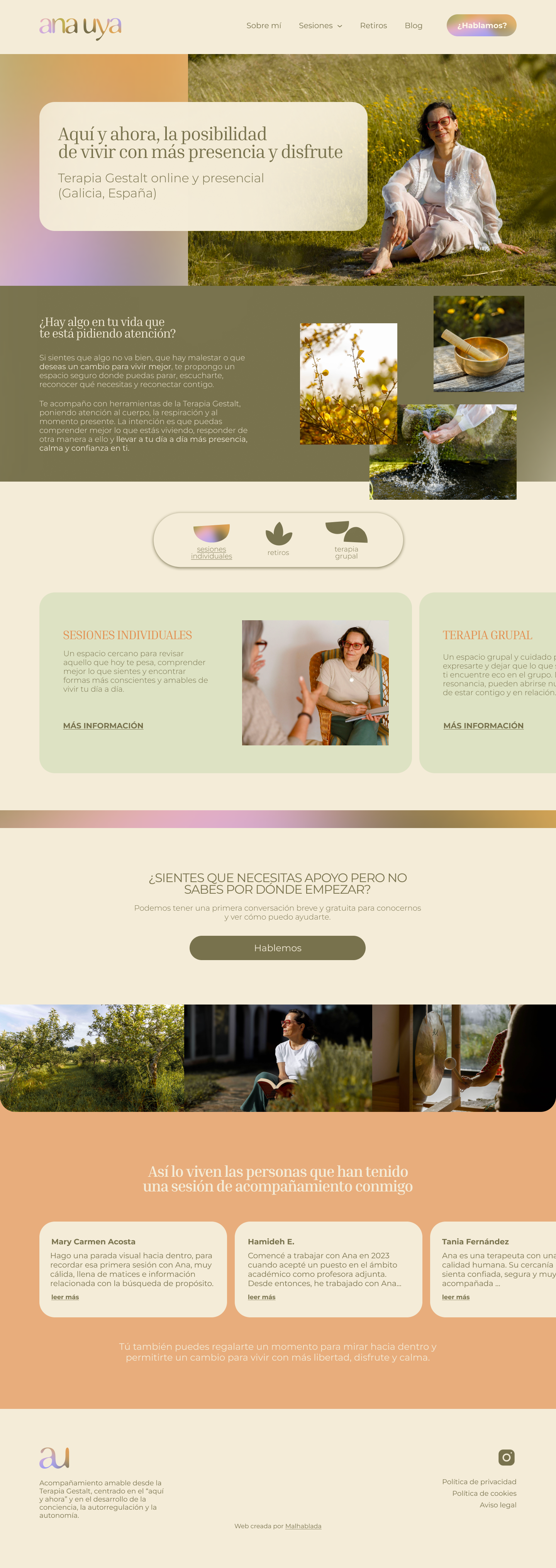 Página web de terapia gestalt en Galicia, España, con imágenes de naturaleza, una mujer sonriendo y una sesión de terapia con una terapeuta. Incluye información sobre sesiones individuales y terapia grupal, y elementos visuales como madera, plantas y agua.