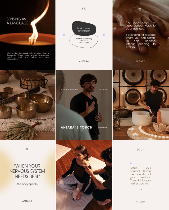 Collage de seis imágenes relacionadas con la relajación y terapia corporal: una llama, diagramas y texto sobre el cuerpo y el contacto, instrumentos de sonido, una persona recibiendo masaje, y una mujer en silla de masaje.
