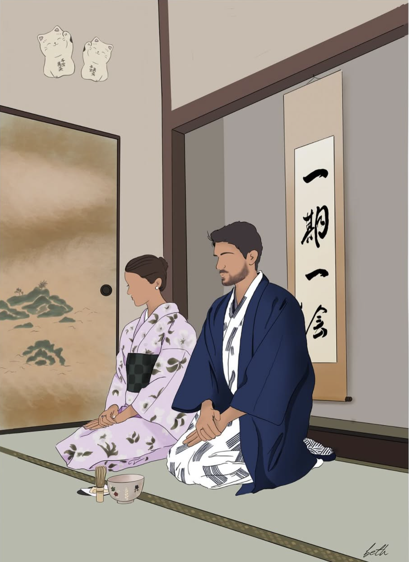 Dos personas en ropa tradicional japonesa orando con las piernas dobladas en un ambiente de estilo japonés, con decoraciones y arte en las paredes.