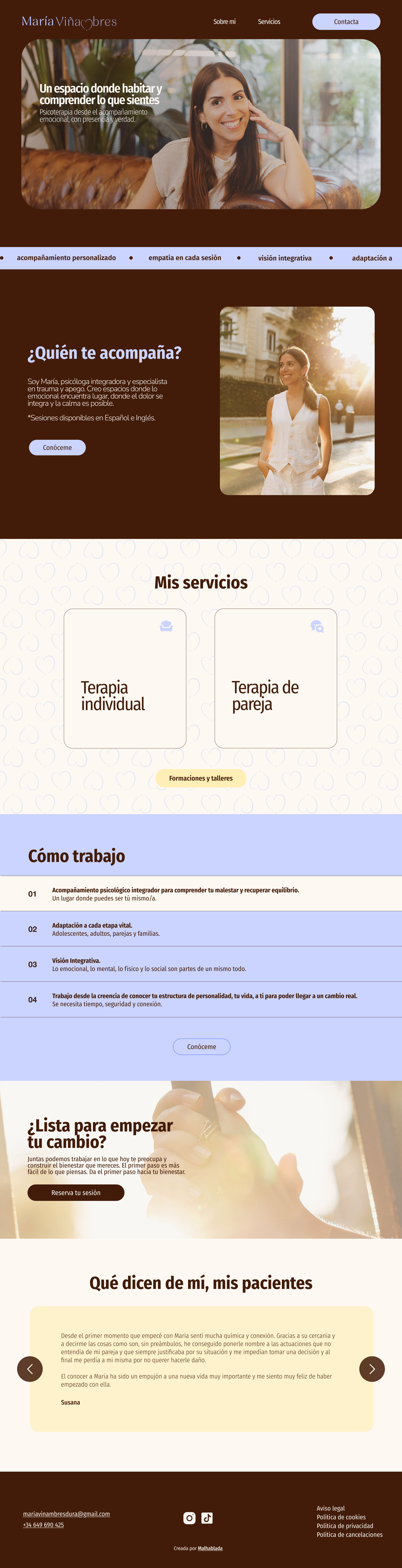 Página web de María Viñambres, psicóloga, con una foto de una mujer joven sonriendo en un ambiente luminoso, y secciones sobre sus servicios, trabajo, y testimonios de pacientes.