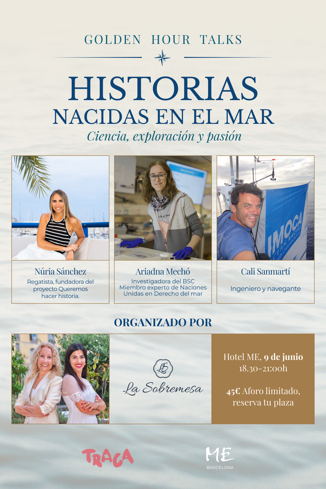 Cartel promocional de una charla titulada 'Historias Nacidas en el Mar', con fotografías de tres mujeres y detalles del evento en un hotel, en la ciudad de Barcelona.
