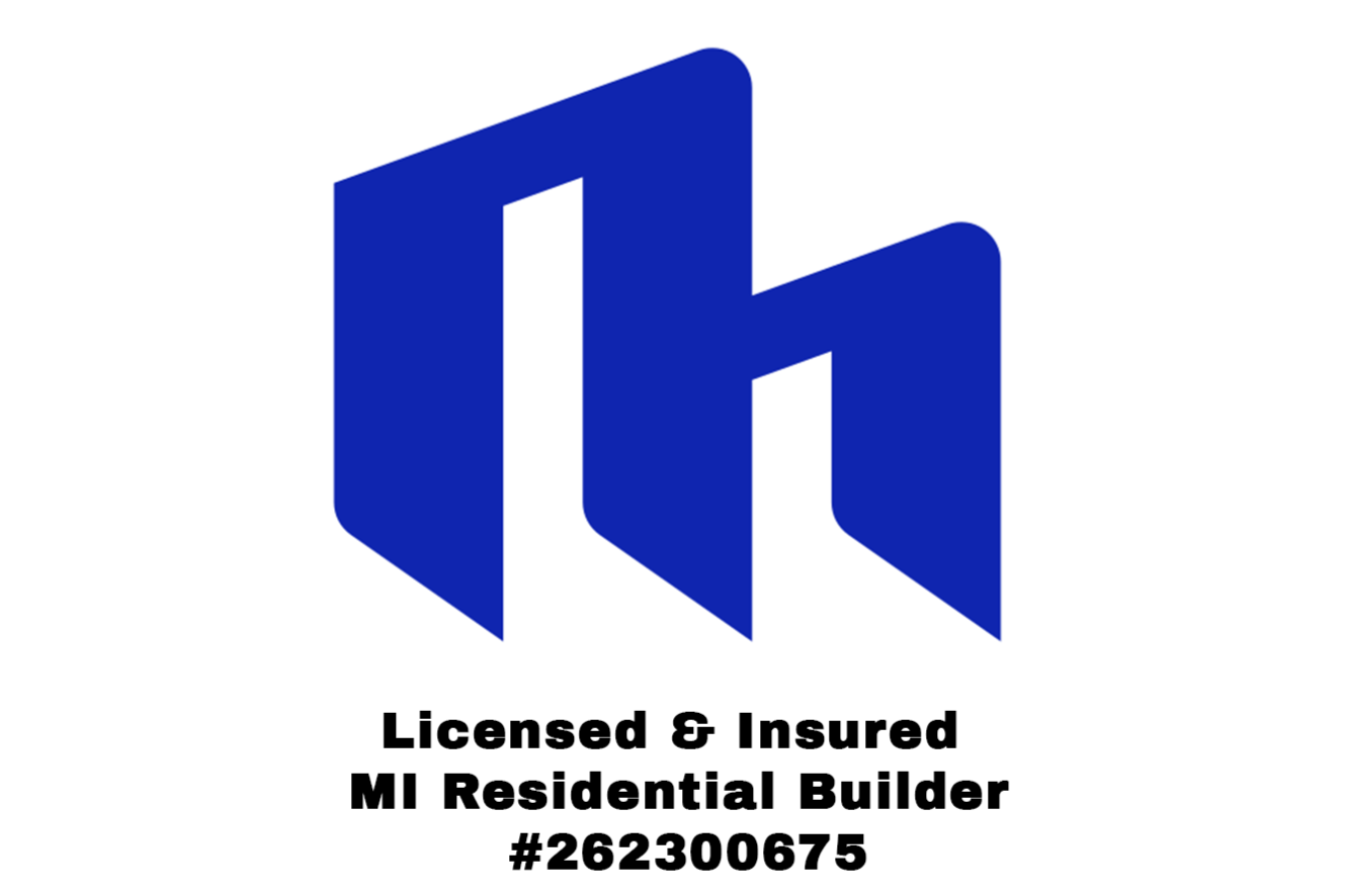 Logo of a company with blue geometric shapes and text indicating licensed and insured MI residential builder, including a license number.