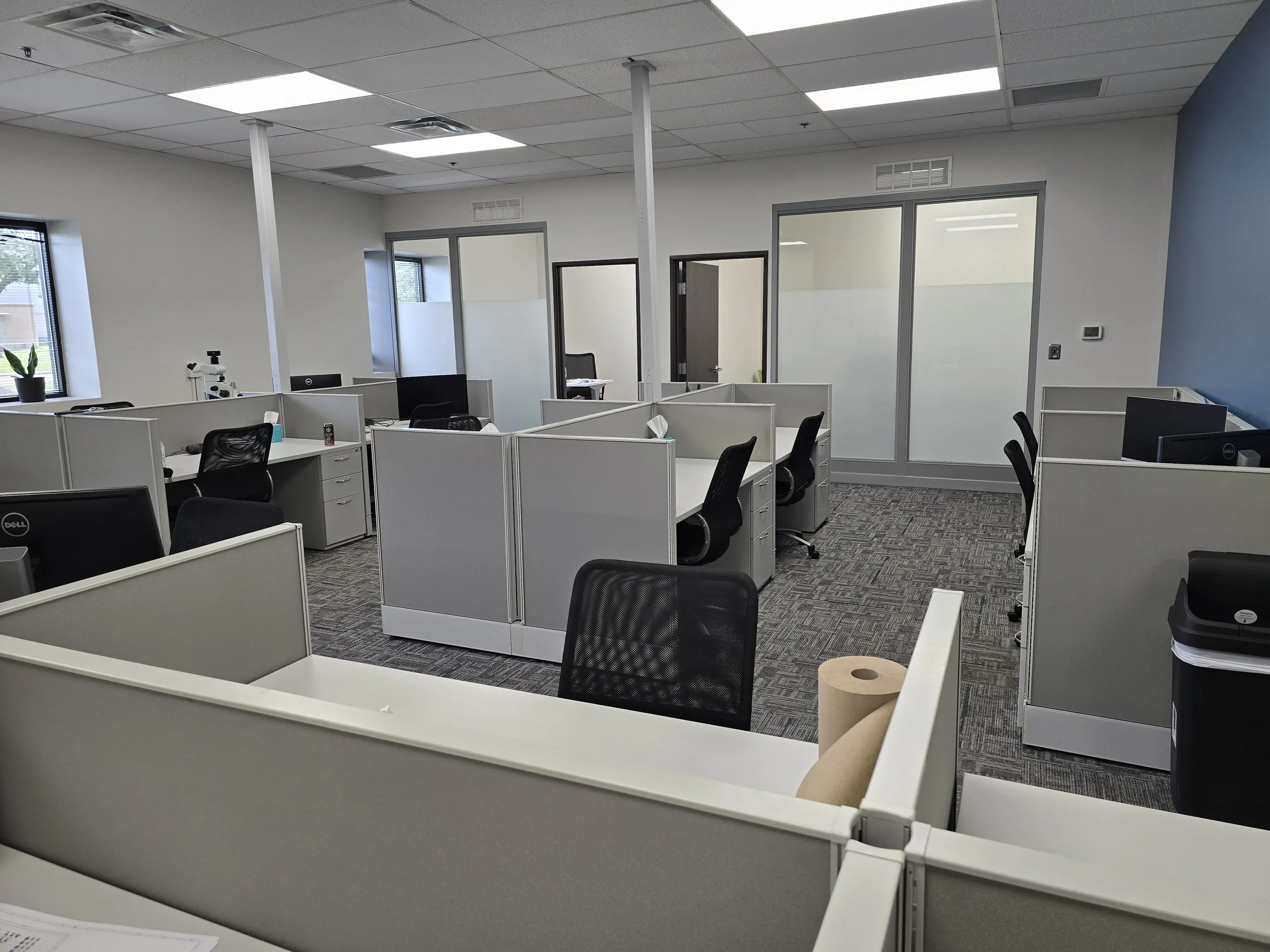 An empty office with cubicles, chairs, computers, a window with a potted plant, and closed glass doors.