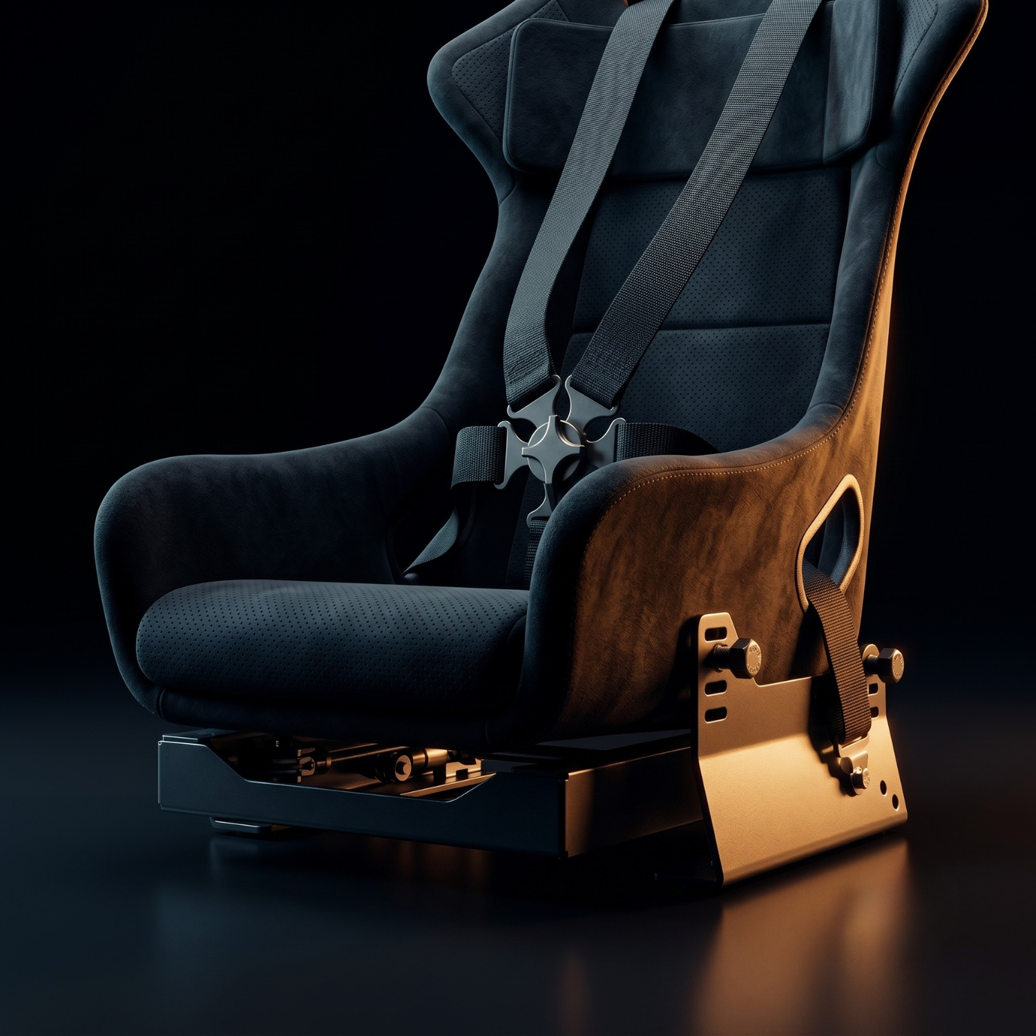 A modern black car seat with a harness and mounting frame against a dark background.