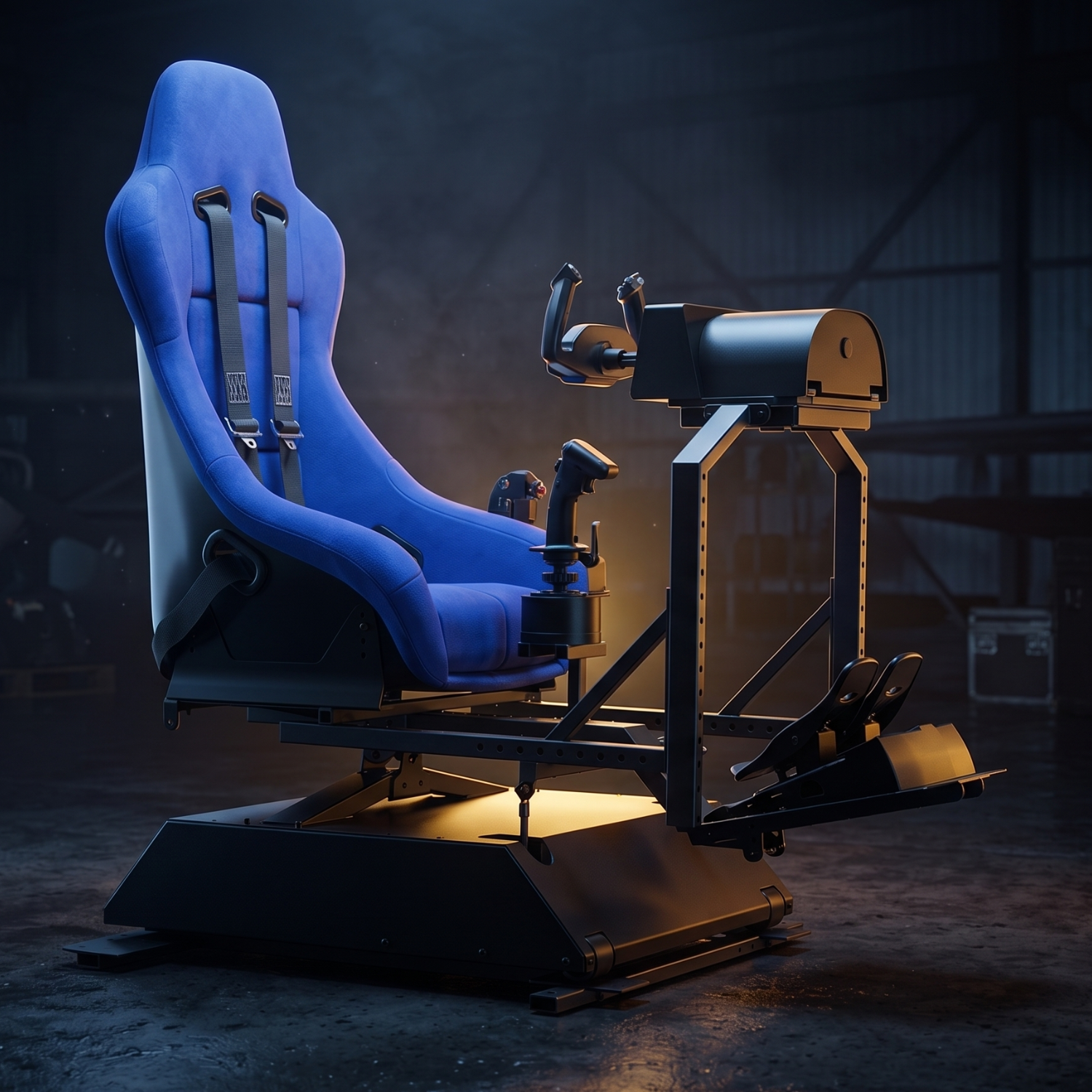 A racing simulator seat with blue upholstery, attached to a frame with a steering wheel, gear shifter, and pedals, set in a dark industrial space.