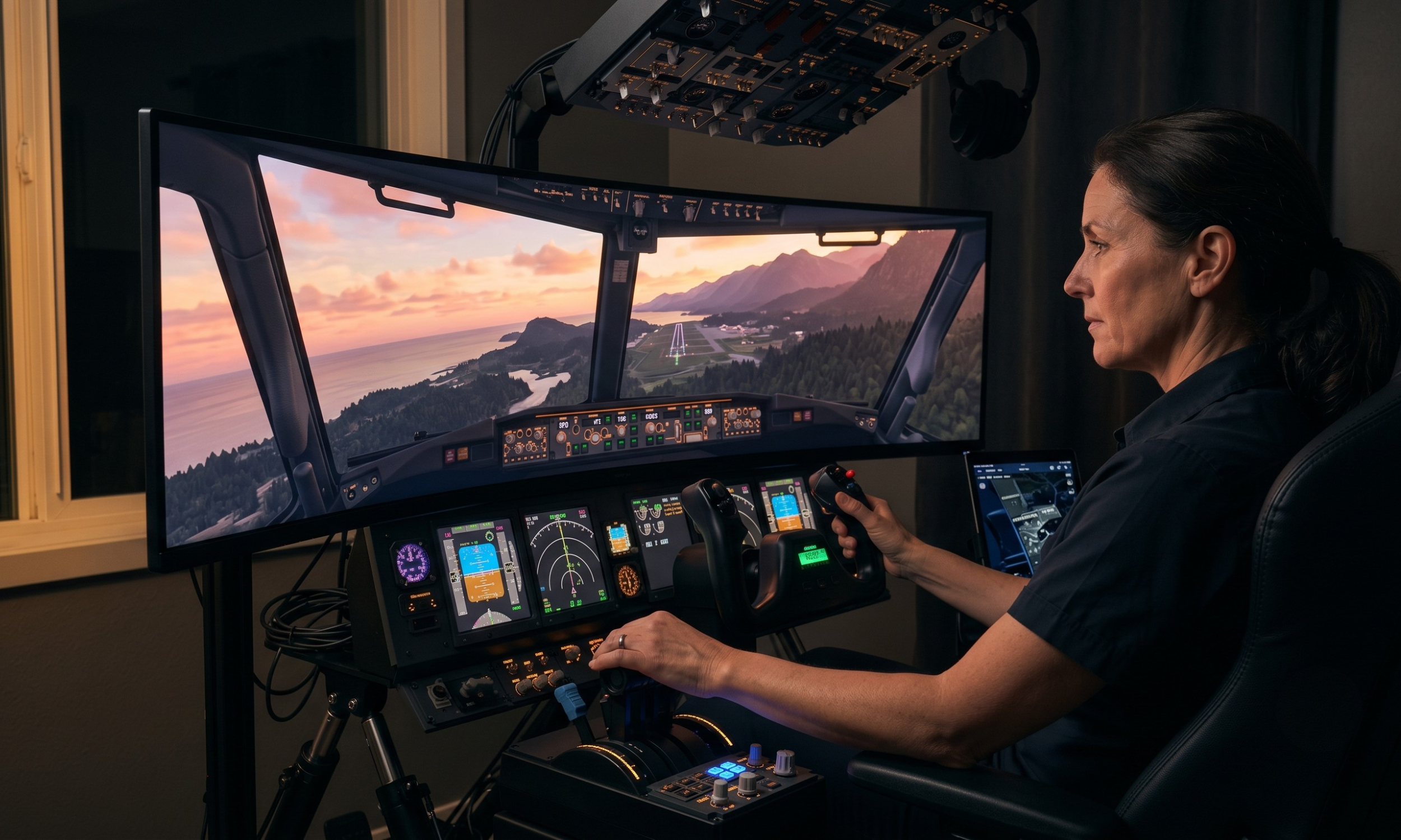 A woman pilot sitting in an airplane cockpit with a view of an airport runway and mountain landscape through the windshield at sunset.