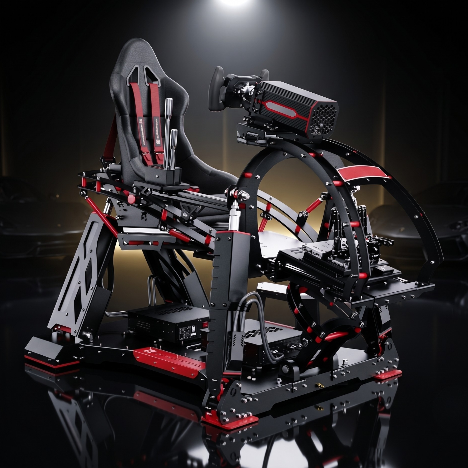A racing simulator frame with seat, steering wheel, and pedals set against a dark background with spot lighting.