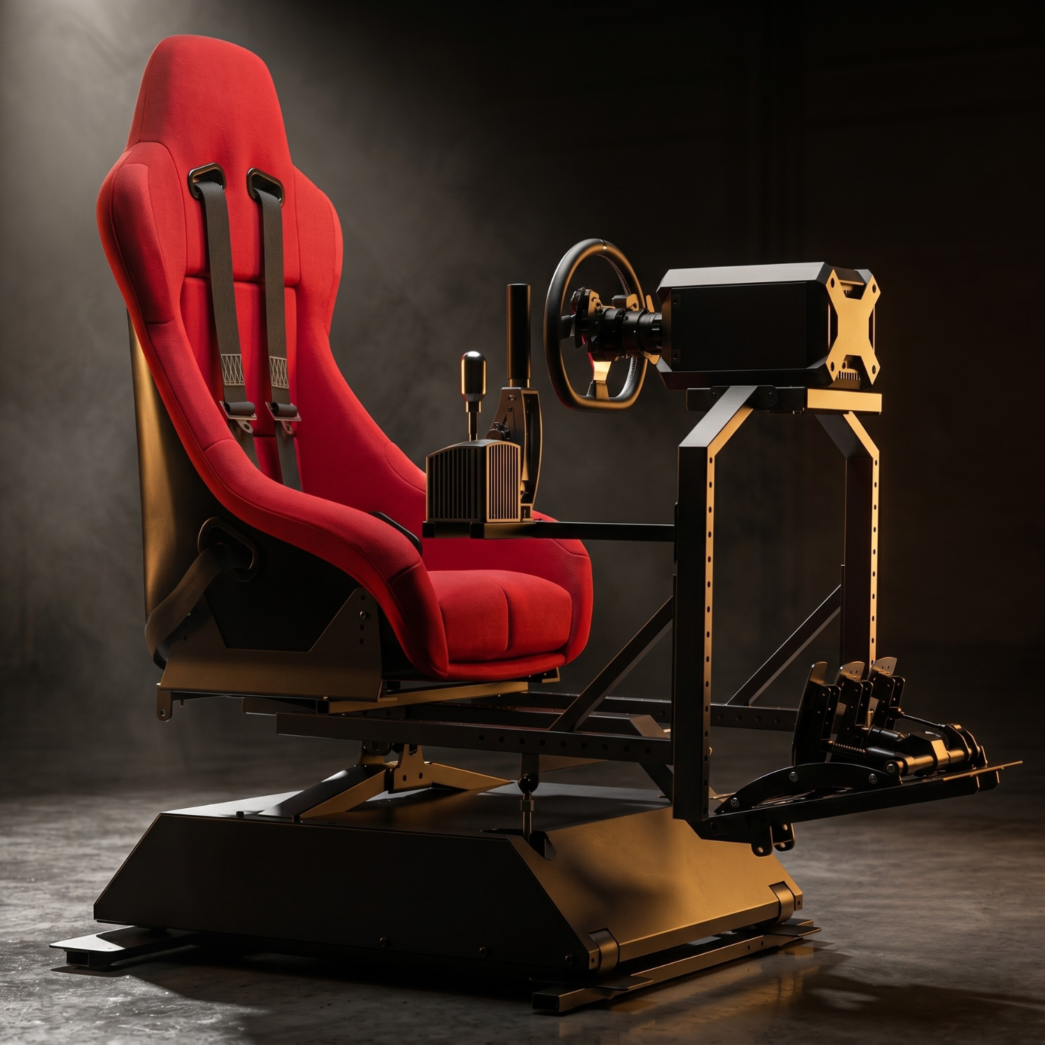 A racing simulator chair with a red seat and black metal frame, equipped with a steering wheel, pedals, and gear shifter for immersive driving experience.