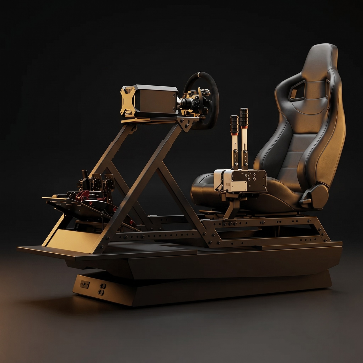 A racing simulator setup with a black racing seat, a steering wheel, a display screen, and pedals on a metallic frame against a dark background.