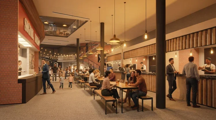 Interior of a modern casual restaurant or café with patrons seated at tables and ordering at the counter.