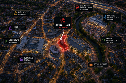 Map of Chelmsford highlighting Signal Hall in the center, with nearby landmarks including High Street, Bond Street, John Lewis, Everyman Cinema, Chelmsford Railway Station, Riverside Leisure Centre, Meadows Shopping Centre, and Office District, with walking distances noted.