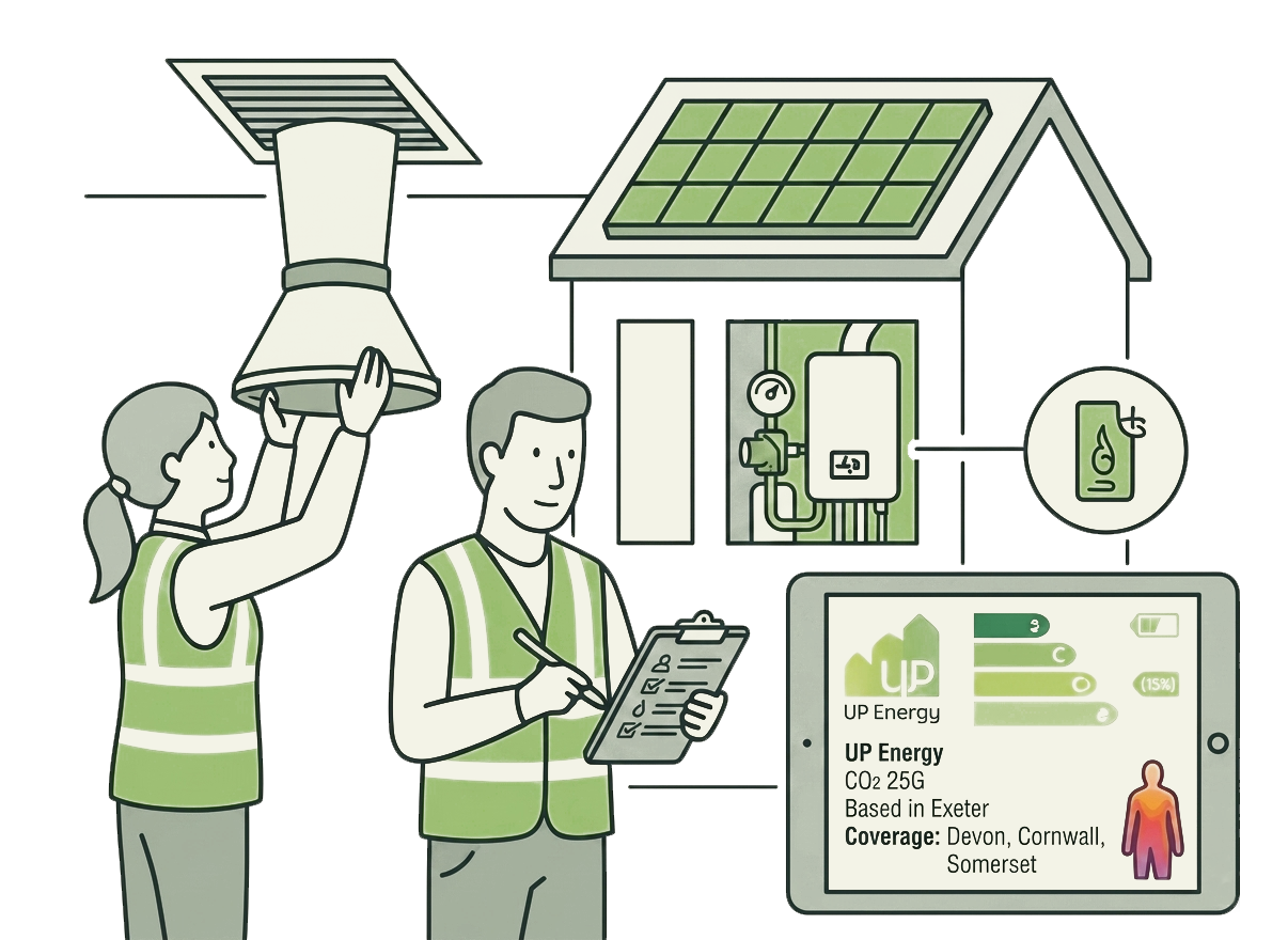 Illustration of two people in safety vests inspecting a home with solar panels and energy tracking technology, including a tablet and a display showing energy and environmental data.