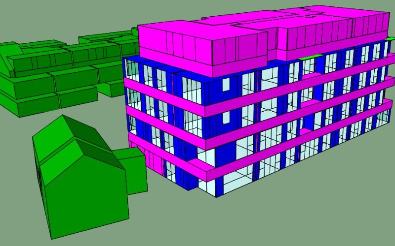 3D thermal model showing a building CIBSE TM59 overheating risk assessment