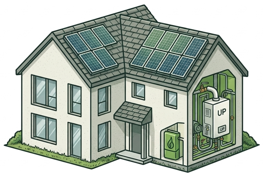 A two-story house with solar panels on the roof and an underground geothermal heating system
