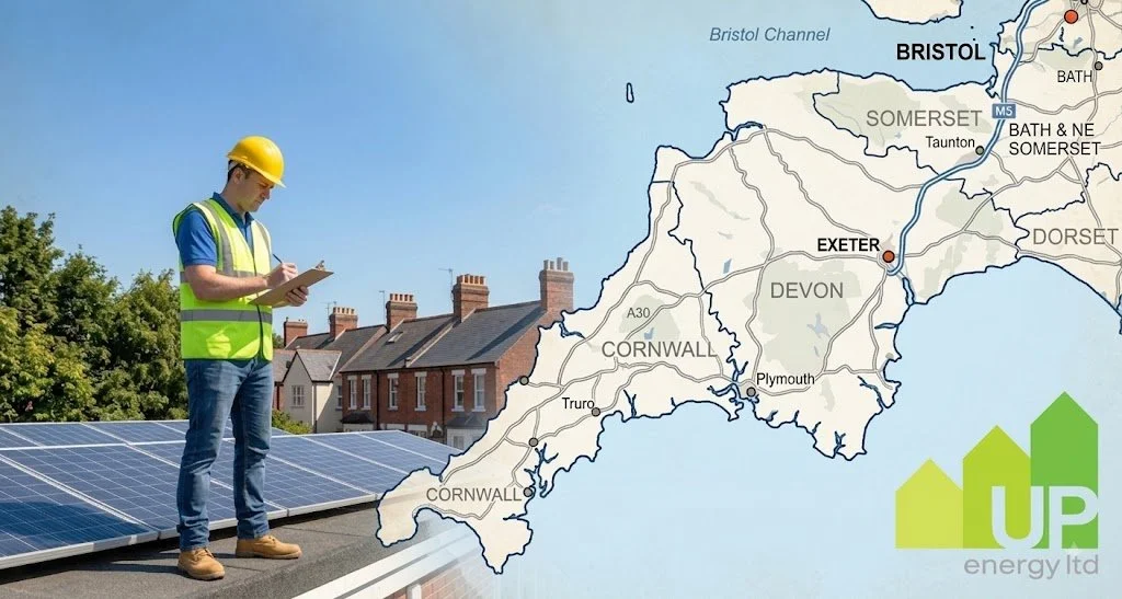 A composite image with a photo of a male solar panel technician on a rooftop taking notes, next to an illustrated map of South West England showing counties like Cornwall, Devon, and Somerset, with the 'UP Energy Ltd' logo in the corner.