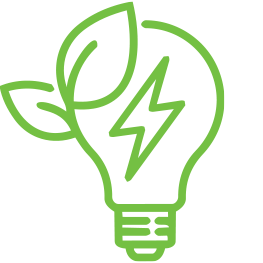 Green outline of a light bulb with a leaf inside and a lightning bolt symbol.