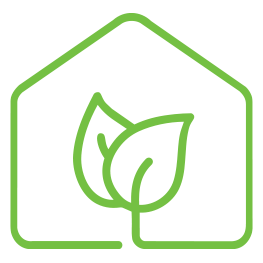 Green line drawing of a house with a leaf inside, symbolizing eco-friendly or sustainable housing.
