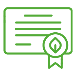 Outline of a certificate with a ribbon seal in green.
