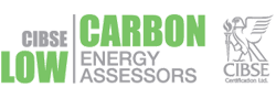 CARBON LOW' label and gray text for 'ENERGY ASSESSORS' and 'CIBSE' logos.